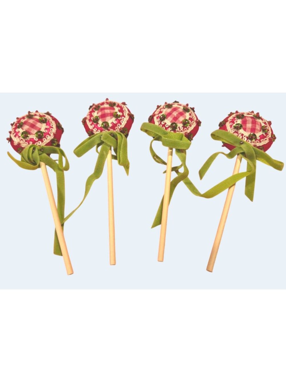 Set Of 4 Vintage Handmade Fabric Lollipop Ornaments  Gingham Beads Wooden Sticks